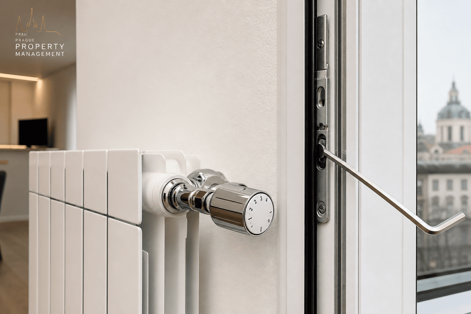 Chrome thermostatic radiator valve with numbered dial and Allen key in window eccentric cam hardware — autumn heating season preparation in a Prague apartment