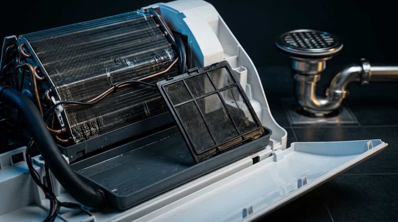 Air conditioning unit internals and floor drain siphon — summer cooling technical guide